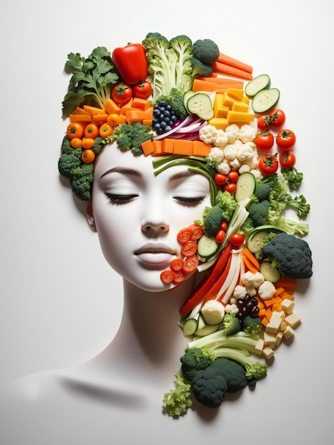 una donna con una testa di frutta e verdura in testa