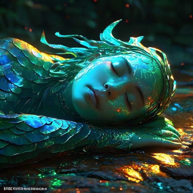 una donna con una testa verde e una sirena blu che dorme a terra