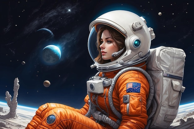 Una donna con una tuta da astronauta arancione si siede in una tuta spaziale