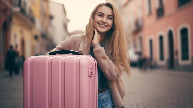 Una donna con una valigia rosa su una strada