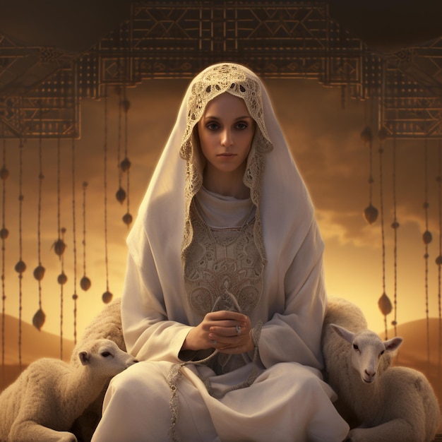 Una donna con una veste bianca è seduta con le pecore.