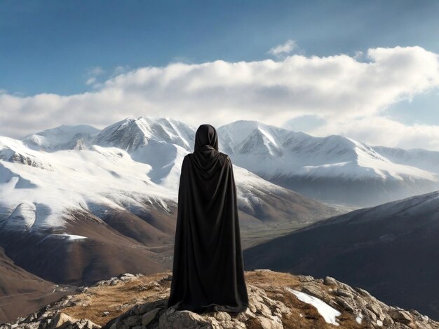 Una donna con una veste nera si trova sul bordo della montagna e guarda la valle