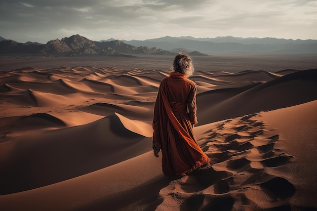 Una donna con una veste rossa si trova nel deserto con le montagne sullo sfondo.