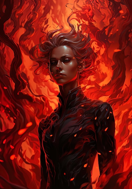 una donna con uno sfondo rosso che ha un fuoco rosso dietro di lei