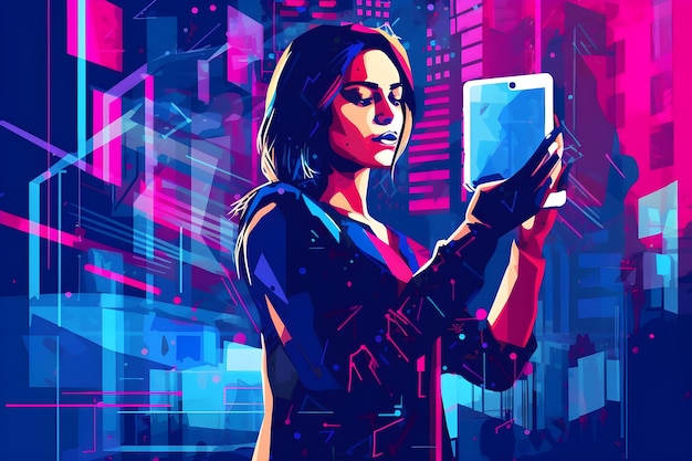 Una donna con uno smartphone davanti a una città al neon.