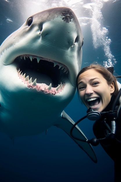 Una donna con uno squalo si tuffa nell'acqua animale generativo AI