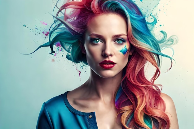 Una donna con uno stile di capelli arcobaleno