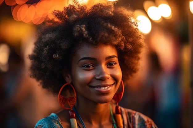 Una donna con uno stile di capelli naturale sorride alla telecamera.