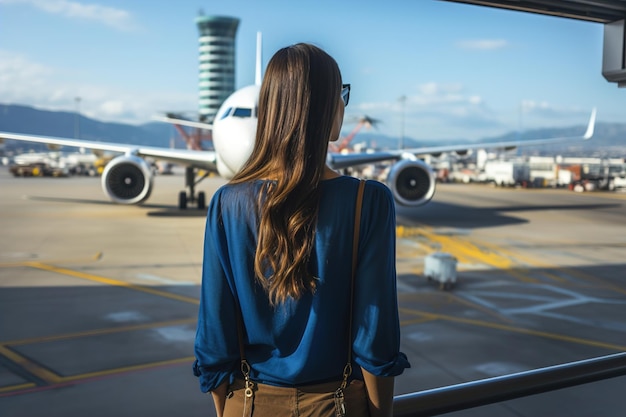 Una donna con uno zaino che cammina verso un aeroporto Vista posteriore Aerei sullo sfondo