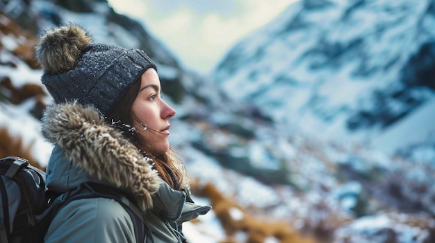 Una donna con uno zaino che sale su un sentiero di montagna circondato dalla natura