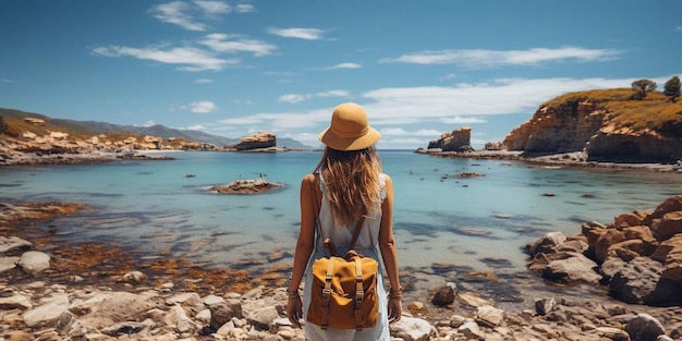 Una donna con uno zaino fa un'escursione vicino al mare IA generativa