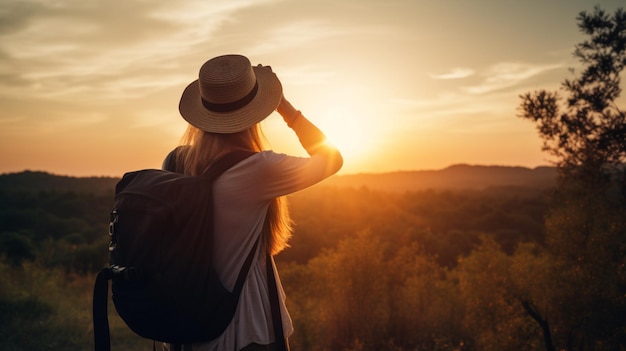 Una donna con uno zaino guarda il tramonto