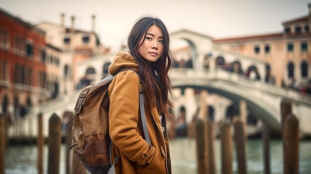 Una donna con uno zaino in piedi davanti a un ponte Immagine generativa AI