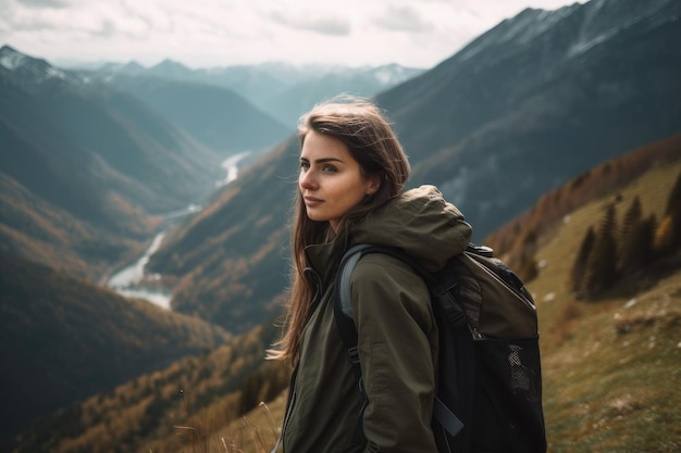 Una donna con uno zaino si trova sulla cima di una montagna.