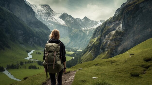 Una donna con uno zaino sta facendo un'escursione nelle montagne svizzere ai generative