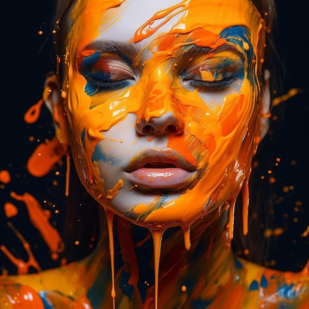 una donna con vernice arancione sul viso è ricoperta di vernice arancione