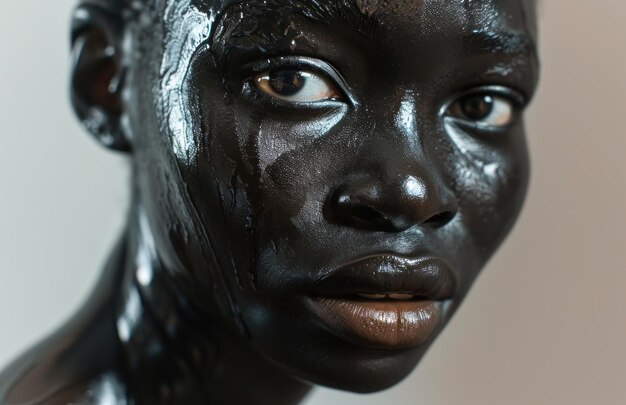 Una donna con vernice nera sul viso