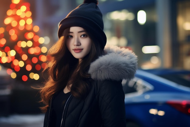 una donna coreana ha una bella acconciatura con un'atmosfera natalizia in sottofondo