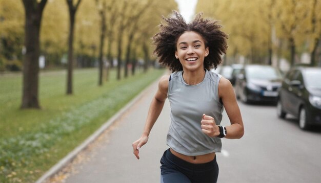 una donna corre in un parco con degli alberi sullo sfondo