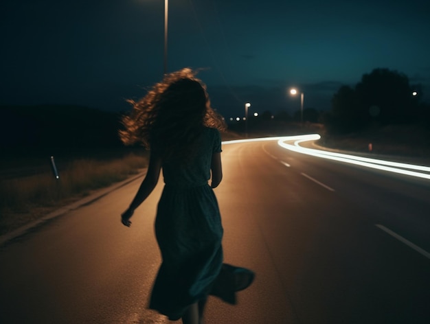 Una donna corre lungo una strada con un vestito che dice "sono una ragazza"