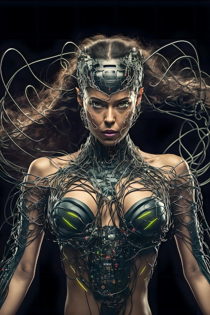 Una donna cyborg con fili dal busto