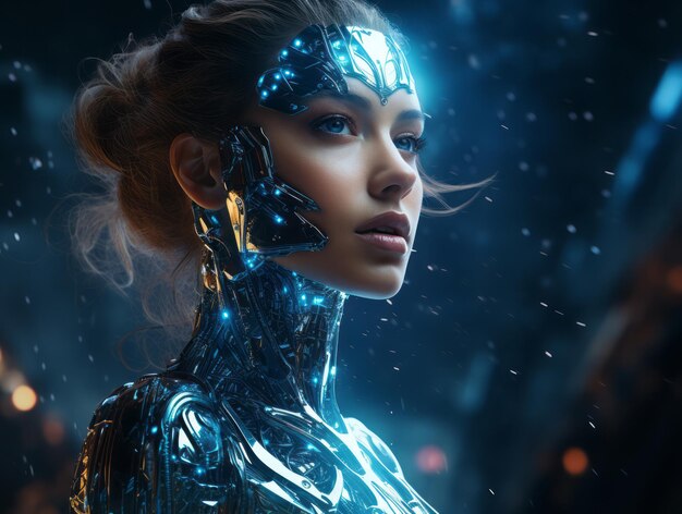 Una donna cyborg con gli occhi blu sullo sfondo di una città notturna.
