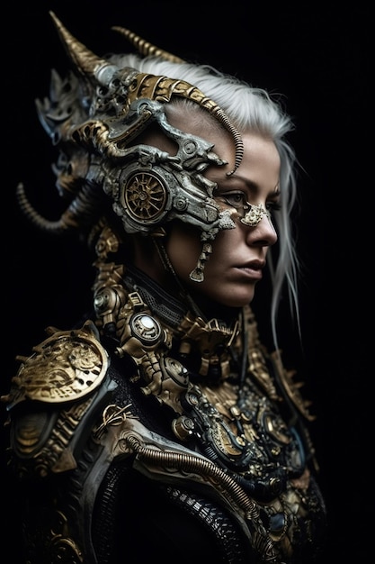 Una donna cyborg con i capelli d'argento e un copricapo