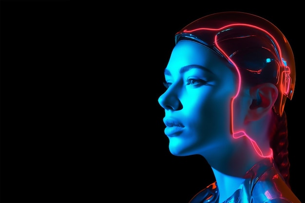 Una donna cyborg con un casco al neon su sfondo bianco