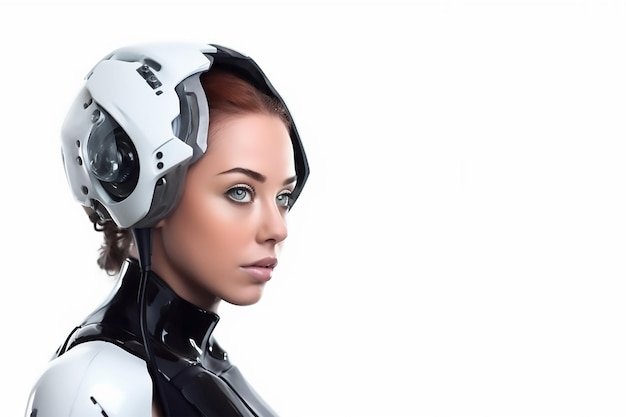 Una donna cyborg con un casco robot su sfondo bianco