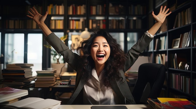 Una donna d'affari afroamericana entusiasta sul posto di lavoro che celebra l'affare di successo