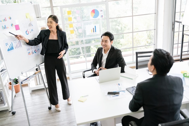 Una donna d'affari asiatica allegra e sicura di sé è presente i dati dei grafici a barre da una lavagna ai suoi colleghi di ufficio Ruolo leader delle donne d'affari asiatiche alla riunione