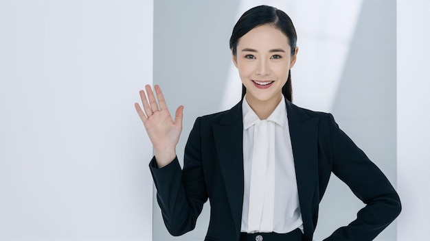 Una donna d'affari asiatica con la mano in un gesto amichevole
