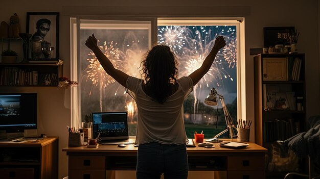 Una donna d'affari asiatica entusiasta sul posto di lavoro che celebra l'affare di successo