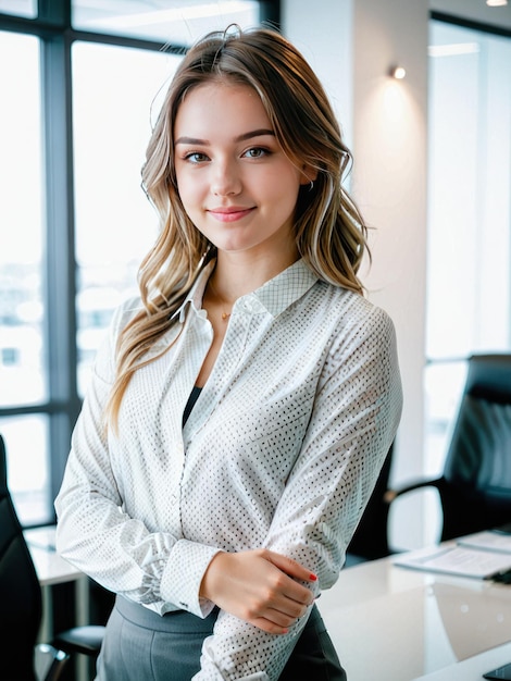 una donna d'affari attraente e sorridente in ufficio