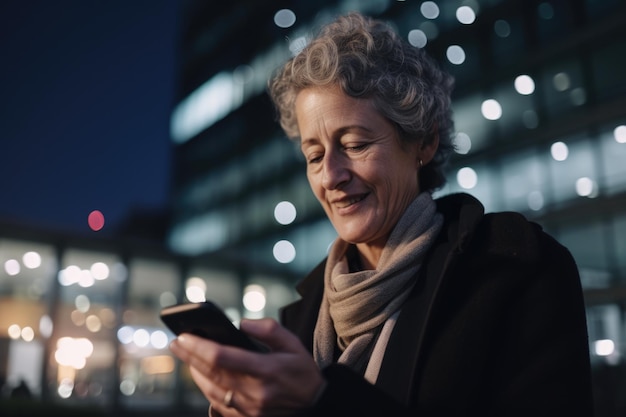 Una donna d'affari caucasica senior dirigente che utilizza il telefono cellulare con sfondo di moderni edifici per uffici di notte IA generativa AIG18