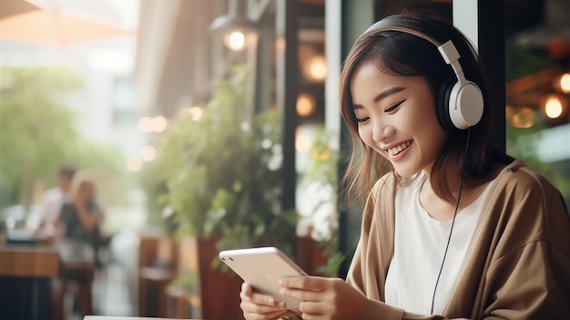 Una donna d'affari che lavora felicemente usando un portatile, navigando su Internet e ascoltando contenuti