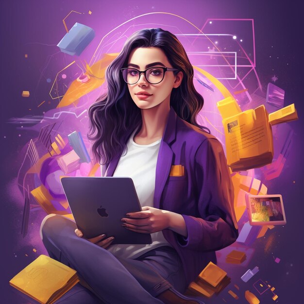 una donna d'affari che lavora su un laptop a tema giallo e viola