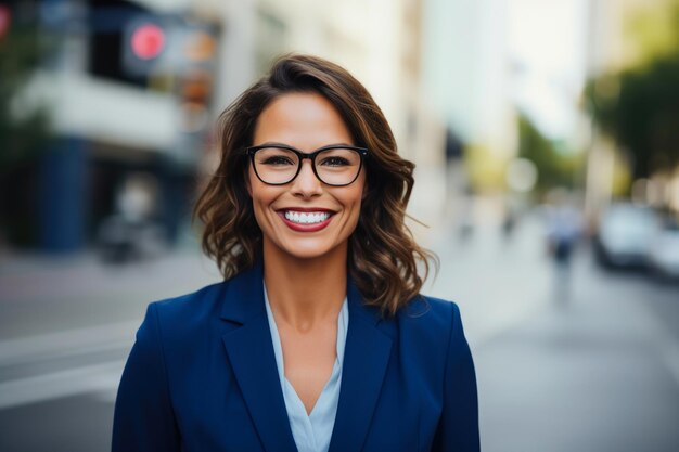 Una donna d'affari chic e sorridente nel paesaggio urbano