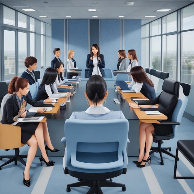 Una donna d'affari di bellezza si trova con fiducia nella sala conferenze 8