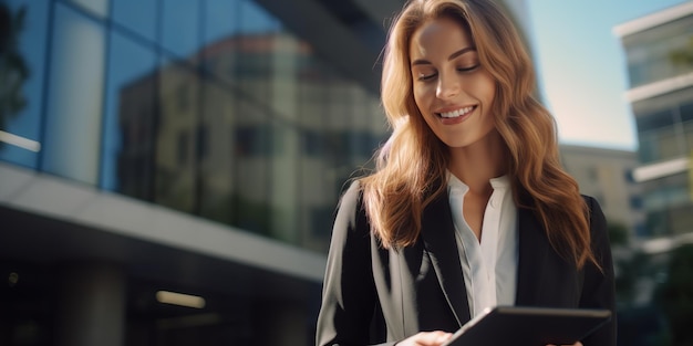 Una donna d'affari di successo che usa un tablet digitale davanti a un moderno edificio commerciale