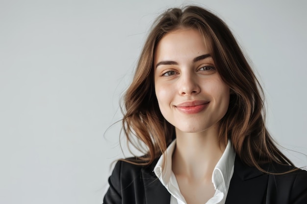 Una donna d'affari di successo sembra fiduciosa e sorride su uno sfondo bianco