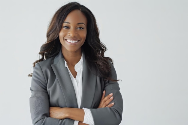Una donna d'affari di successo sembra fiduciosa e sorride su uno sfondo bianco