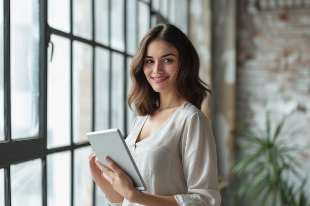 Una donna d'affari felice che usa un tablet in ufficio