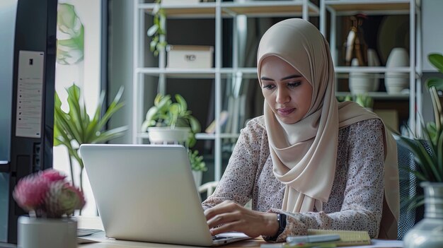 Una donna d'affari in hijab che lavora su un portatile in un ufficio moderno