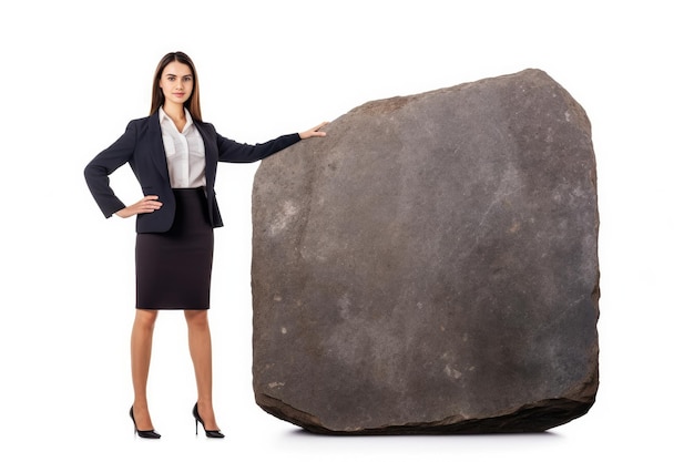 Una donna d'affari in piedi accanto a una grande roccia