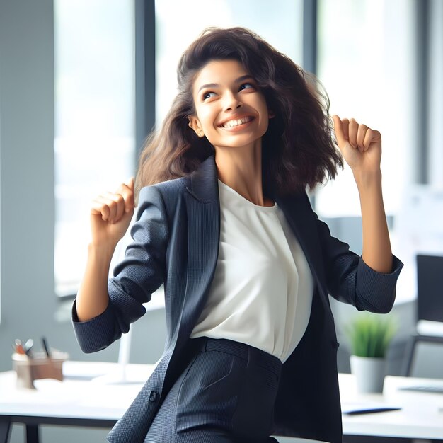 Una donna d'affari latina di successo balla in abito da ufficio celebrando felicemente al lavoro