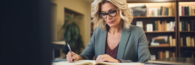 Una donna d'affari matura che scrive nel suo diario in un ufficio