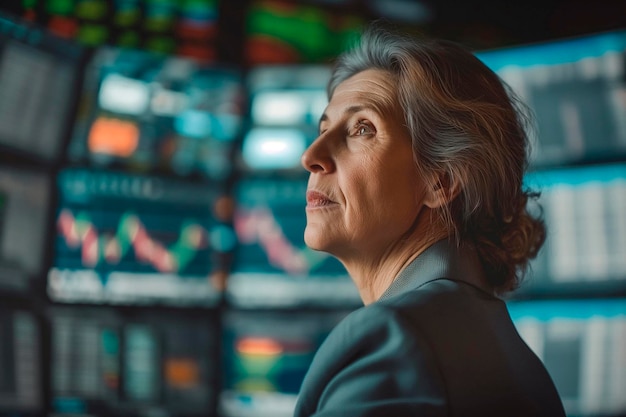 Una donna d'affari matura in abito grigio sugli schermi del mercato azionario, la grande borsa.