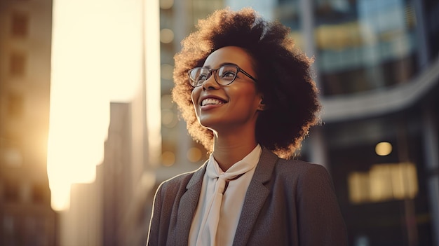 Una donna d'affari nera sicura che indossa un abito professionale in piedi con un'espressione determinata