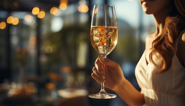 una donna d'affari offuscata naturale in ufficio brindando con un bicchiere di champagne